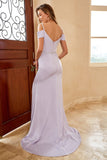 Sheath Spaghetti Straps Lilac Long Bridesmaid Dress with Split Front