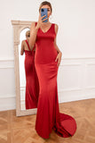 Mermaid V Neck Rust Red Long Bridesmaid Dress