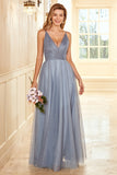 A Line Spaghetti Straps Grey Blue Long Bridesmaid Dress