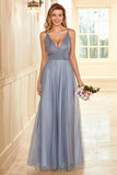 A Line Spaghetti Straps Grey Blue Long Bridesmaid Dress