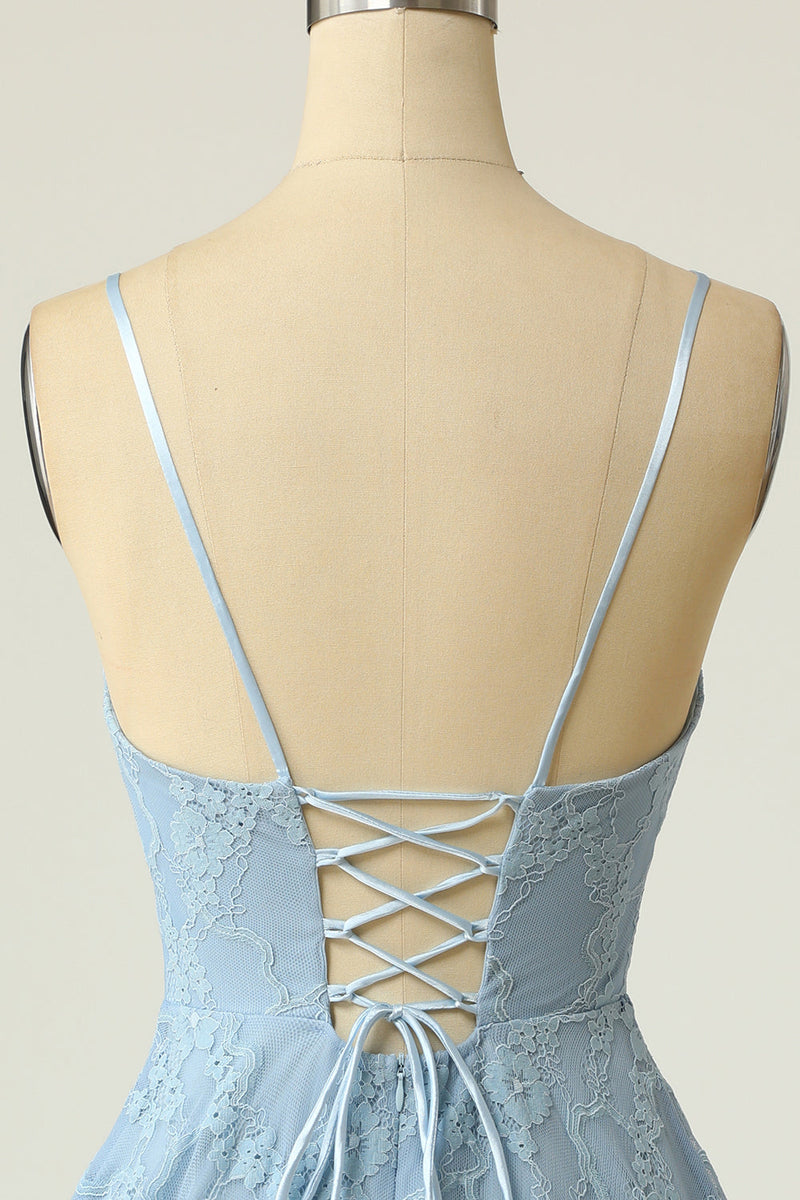 Load image into Gallery viewer, Spaghetti Straps Lace Blue Cocktail Dress