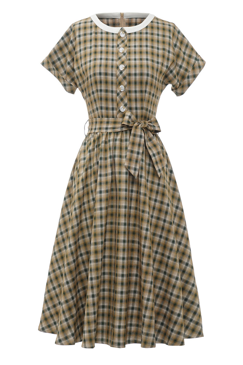 Load image into Gallery viewer, Khaki Green Grid Short Sleeves 1950s Vintage Dress