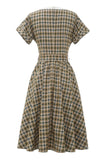 Khaki Green Grid Short Sleeves 1950s Vintage Dress