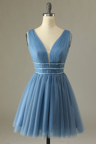 Glitter Grey Blue Tulle Short Formal Dress