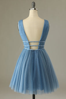 Glitter Grey Blue Tulle Short Formal Dress