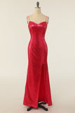 Sheath Spaghetti Straps Fuchsia Sequins Party Dress