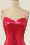 Sheath Spaghetti Straps Fuchsia Sequins Party Dress