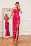 Fuchsia Sequins Formal Dress with Slit