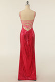 Sheath Spaghetti Straps Fuchsia Sequins Party Dress