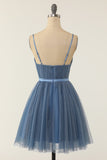 A Line Spaghetti Straps Blue Grey Short Graduation Dress