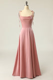 Blush Spaghetti Straps Long Formal Dress with Bowknot