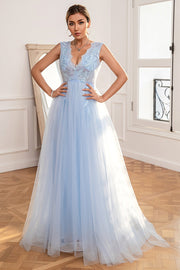Light Blue Backless Long Formal Dress with Appliques