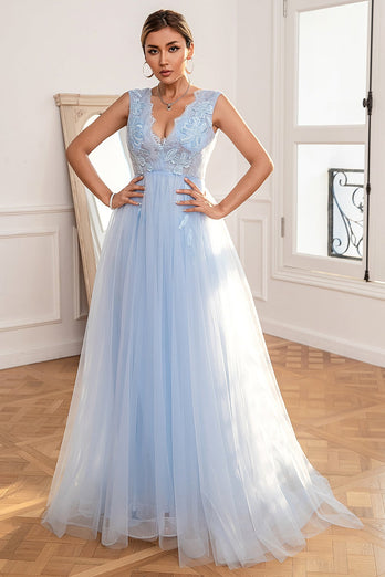 Light Blue Backless Long Formal Dress with Appliques