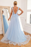 Light Blue Backless Long Formal Dress with Appliques