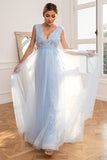 Light Blue Backless Long Formal Dress with Appliques