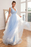 Light Blue Backless Long Formal Dress with Appliques