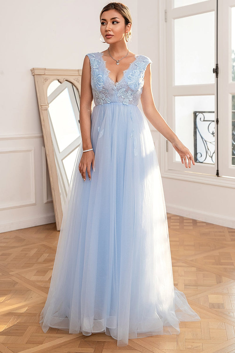 Load image into Gallery viewer, Light Blue Backless Long Formal Dress with Appliques