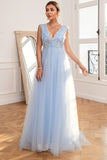 Light Blue Backless Long Formal Dress with Appliques