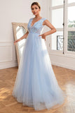 Light Blue Backless Long Formal Dress with Appliques