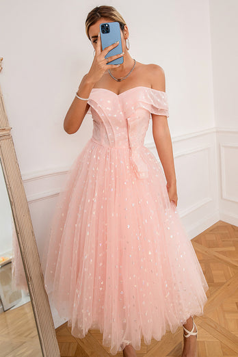 Pink Off Shoulder Hearts Formal Dress
