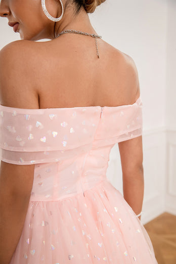 Pink Off Shoulder Hearts Formal Dress