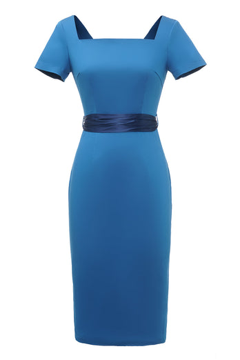 Blue 1960s Bodycon Dress wth Bowknot