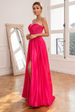 Fuchsia Strapless Formal Dress with Slit