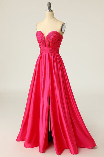 A Line Sweetheart Fuchsia Long Formal Dress with Ruched
