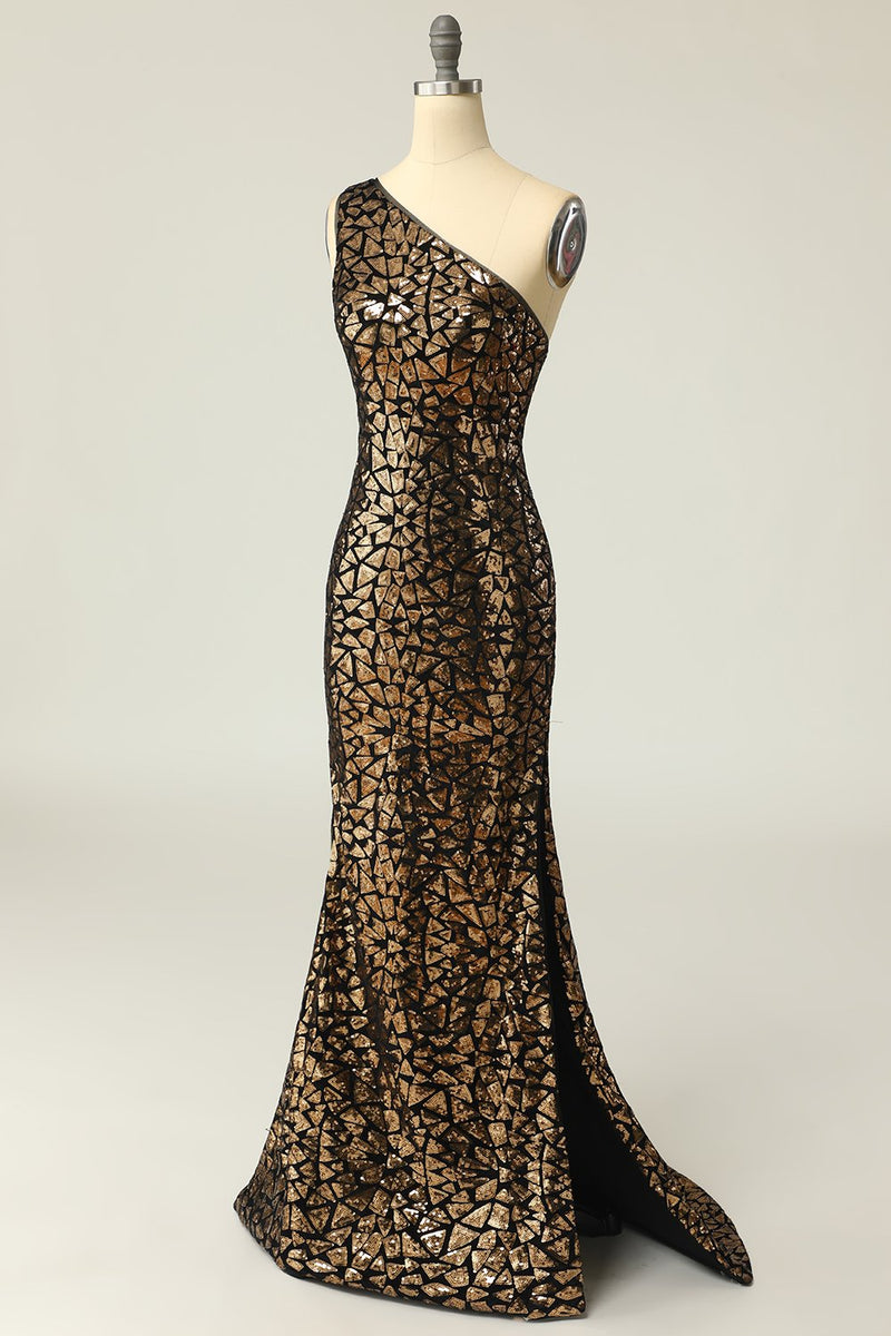 Load image into Gallery viewer, Mermaid One Shouler Dark Gold Sequins Formal Dress