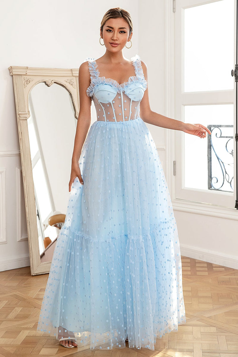 Load image into Gallery viewer, Sky Blue Polka Dots Tulle Formal Dress