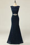 Navy Lace Sheath Mother Dress