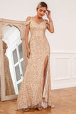 Sheath Off the Shoulder Champagne Sequins Party Dress with Split Front