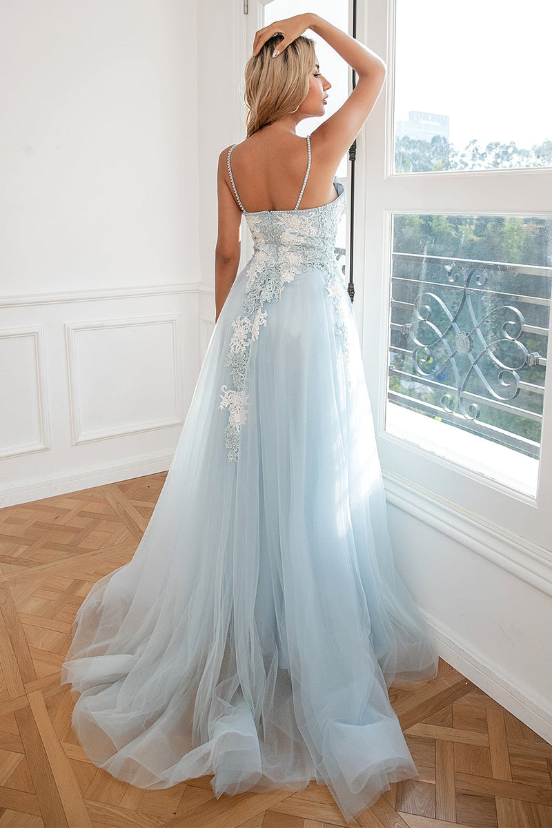Load image into Gallery viewer, Light Blue Appliques Tulle Formal Dress