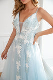 Light Blue Appliques Tulle Formal Dress