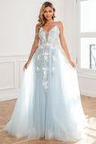 Light Blue Appliques Tulle Formal Dress