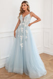 Light Blue Appliques Tulle Formal Dress