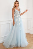 Light Blue Appliques Tulle Formal Dress