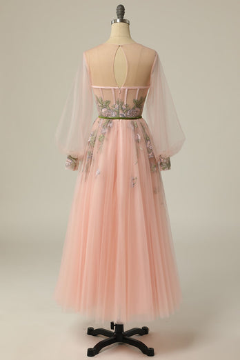 A Line Jewel Light Nude Long Formal Dress with Embroidery