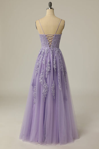 A Line Strapless Light Purple Long Formal Dress with Appliques