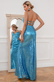 Mermaid Spaghetti Straps Blue Sequins Long Formal Dress