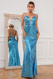 Mermaid Spaghetti Straps Blue Sequins Long Formal Dress