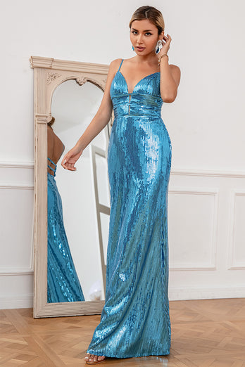 Mermaid Spaghetti Straps Blue Sequins Long Formal Dress