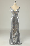 Mermaid Spaghetti Straps Silver Sequins Long Formal Dress Backless