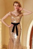 Champagne Sequined Off Shoulder Evening Dress