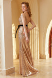 Champagne Sequined Off Shoulder Evening Dress