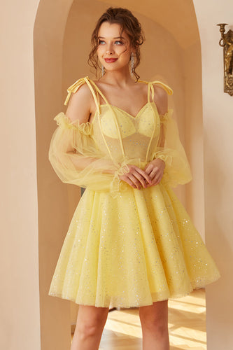 Glitter Yellow Spaghetti Straps Short Party Dress