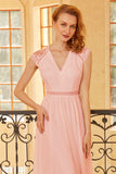 Blush V Neck Lace Bridesmaid Dress