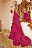 Mermaid One Shoulder Fuchsia Sequins Plus Size Formal Dress with Sweep Train