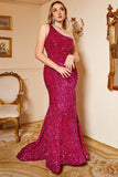 Mermaid One Shoulder Fuchsia Sequins Plus Size Formal Dress with Sweep Train