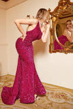 Mermaid One Shoulder Fuchsia Sequins Plus Size Formal Dress with Sweep Train